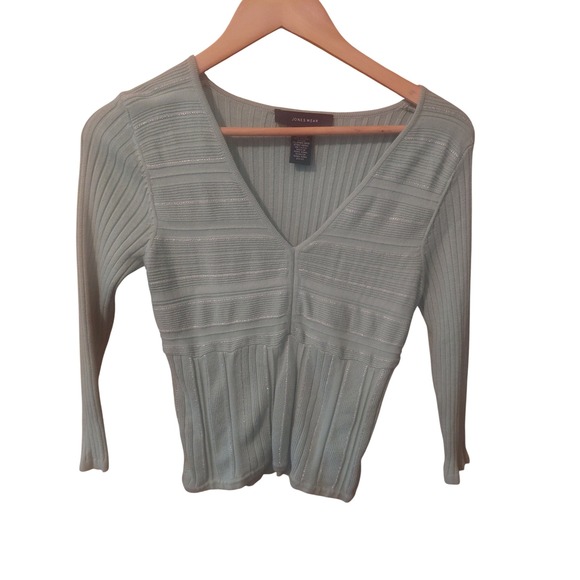 Jones Wear Sweaters - Jones Wear Womens Mint Green Ribbed V-Neck Metallic Stripe Knit Sweater Small